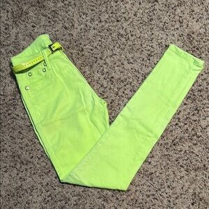 Size 4 BRIGHT neon green jeans with lime green belt & lime green accent buttons